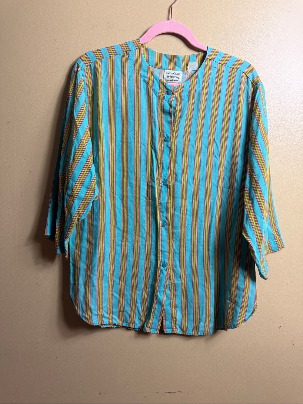 Vintage United Colors of Benetton Striped Mandarin Collar Blouse Medium blue
